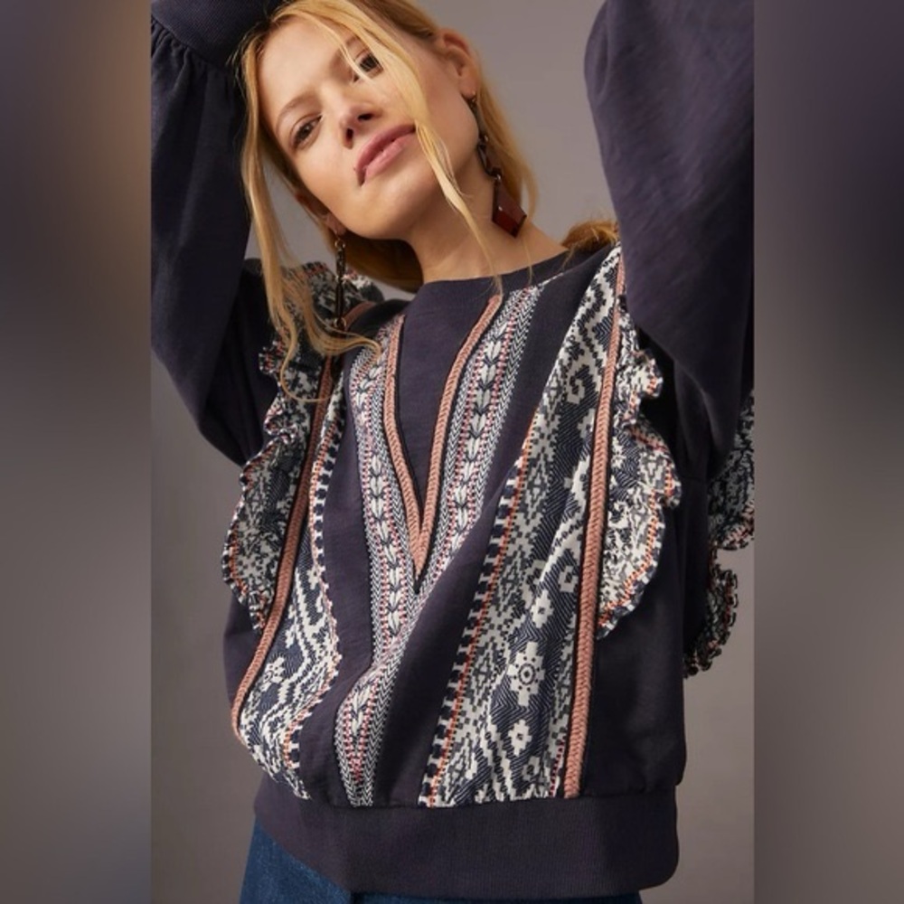 Anthropologie Navy Patterned Ruffle-Trim Pullover